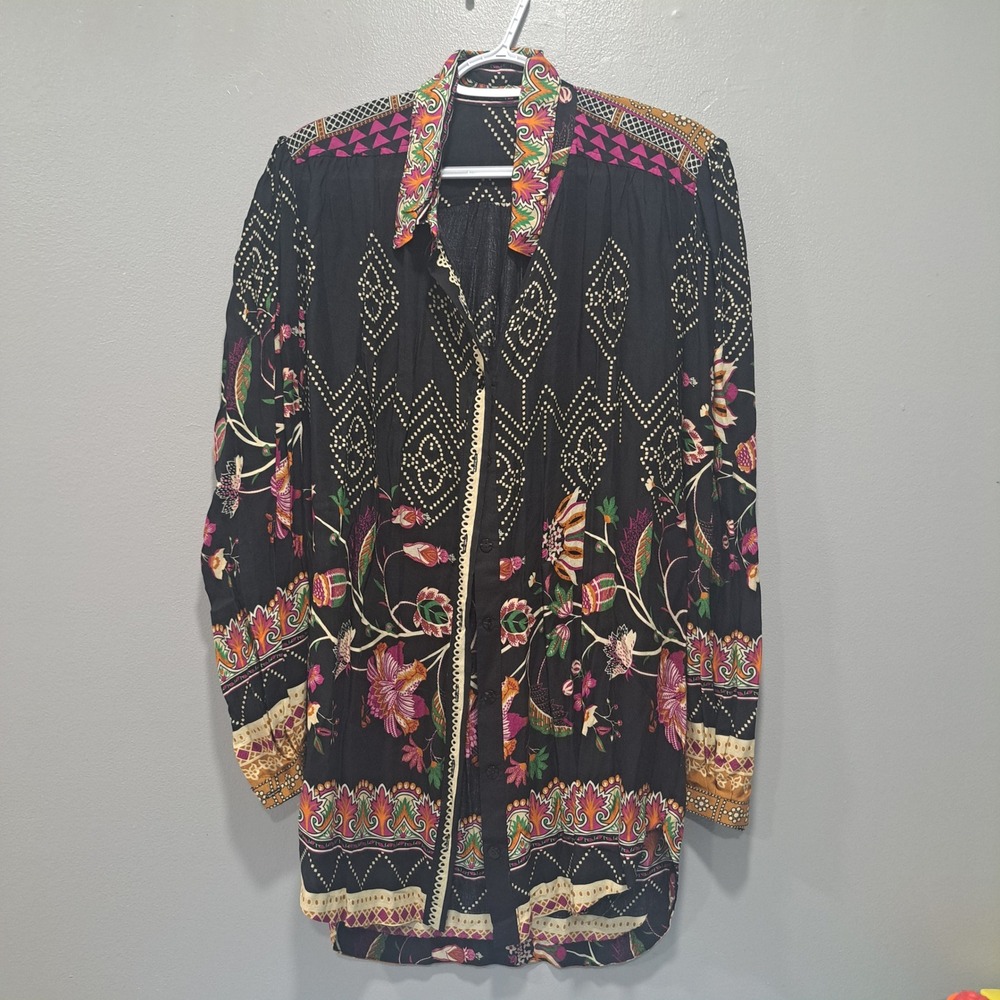 Boho Paisley Floral Geometric Print Button Front Blouse Tunic Multicolor M/L